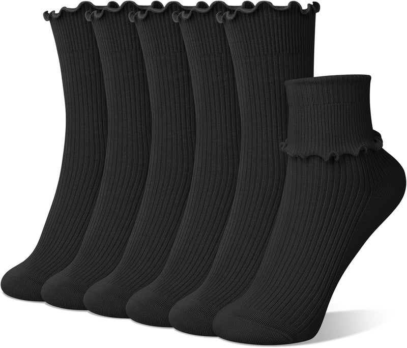 Socksfad Store 6 Pairs Cute Floral Ruffle Crew Socks Women, Breathable Cotton Novelty Casual Girls Above Ankle Funny Socks US 5-10 - Image 1